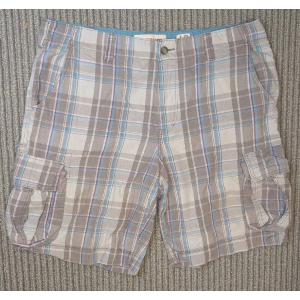 Mossimo Men's Plaid Cargo Shorts Size 40 Tan Blue Checkered Flawed Read As Is - Picture 1 of 4